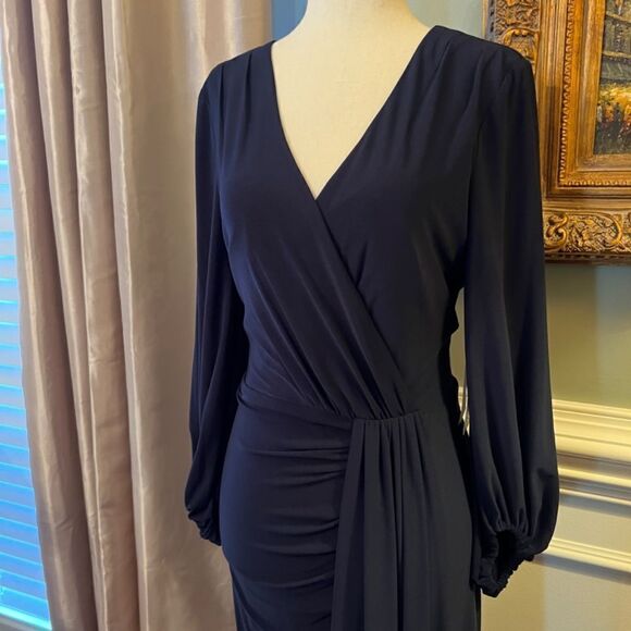 NWT Eliza J Ruched & Draped Navy Blue V-Neck Stretch Jersey Dress Size 10 - Picture 2 of 3